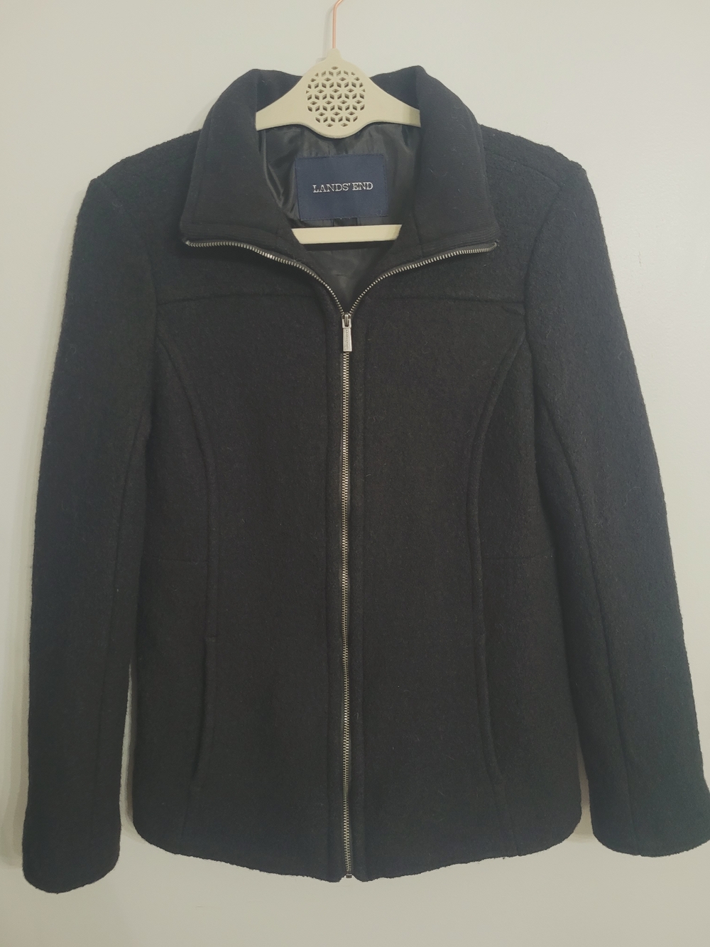 Lands End Coat Womens Black, Wool/Rayon, Full Zip, Pockets, Size 4 Petite